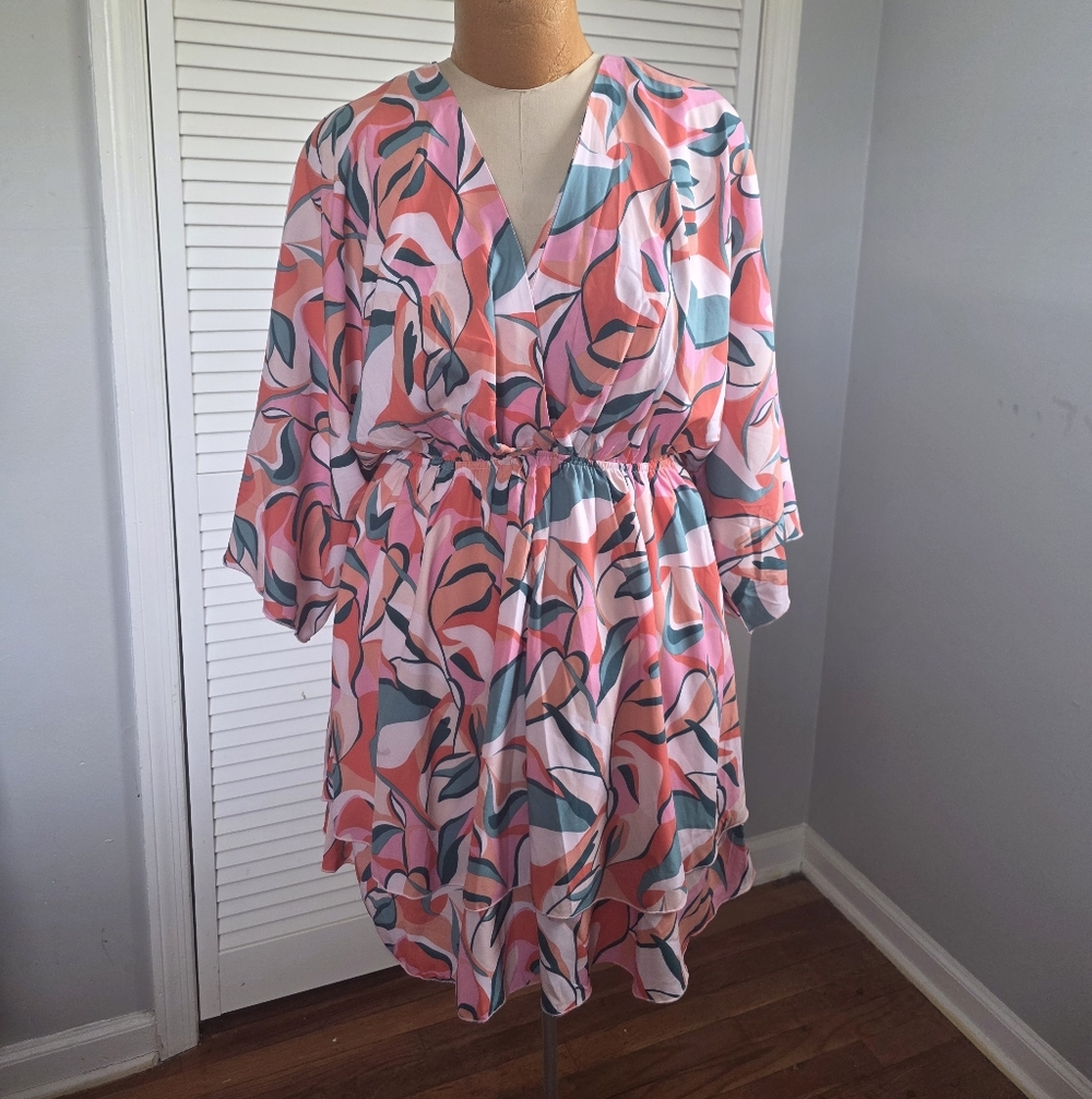 Pink Lily Abstract Print Dress Puff Sleeve Gathered Waist Size XL Garden Party